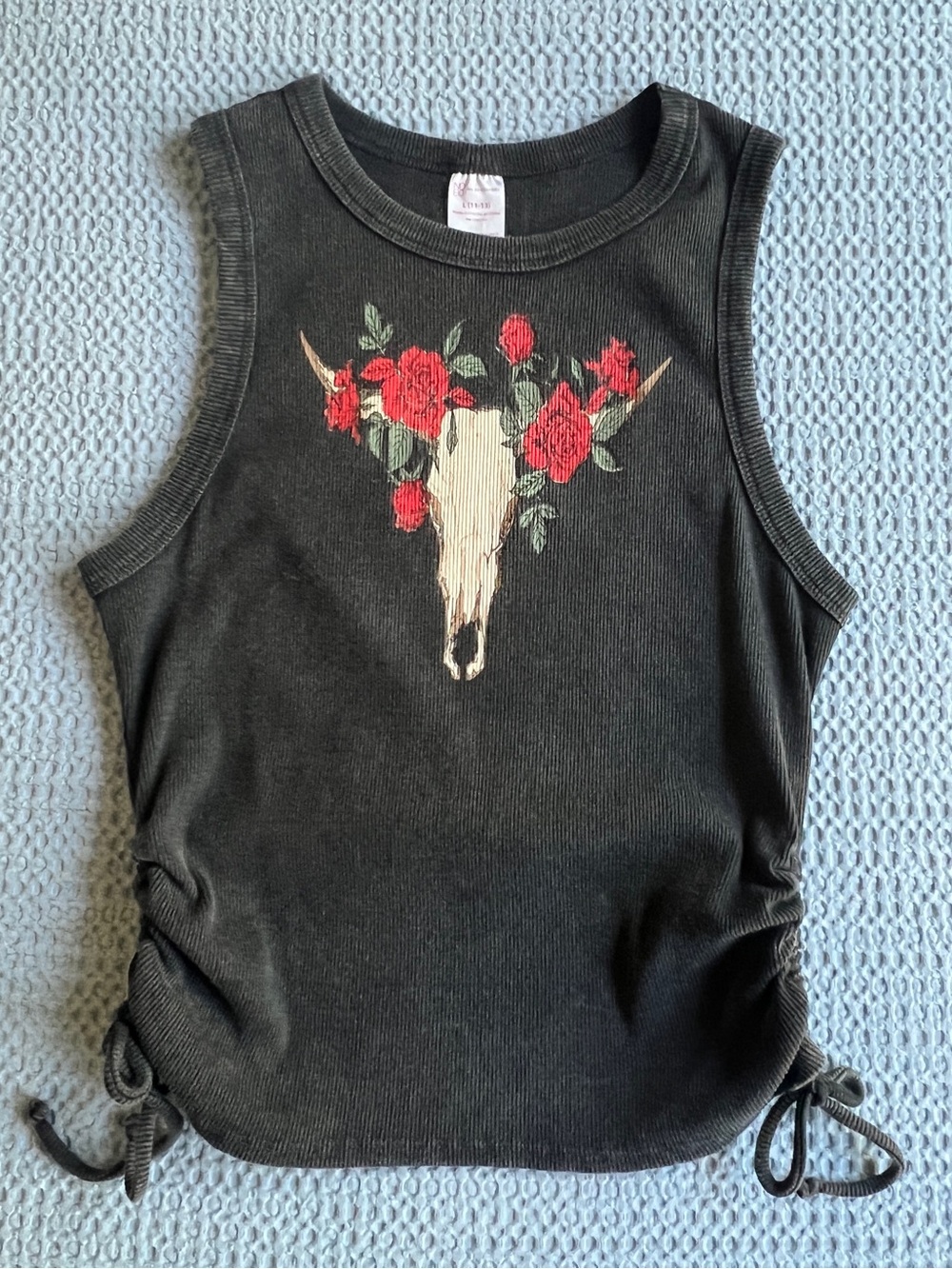 No Boundaries Black Tank Top with Floral Bull Skull and Side Ties